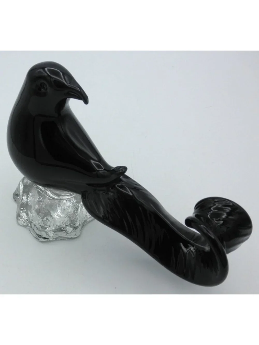 Art Glass Pheasant Figurine Black Glass Clear Base Vintage Heisey? Stunning!